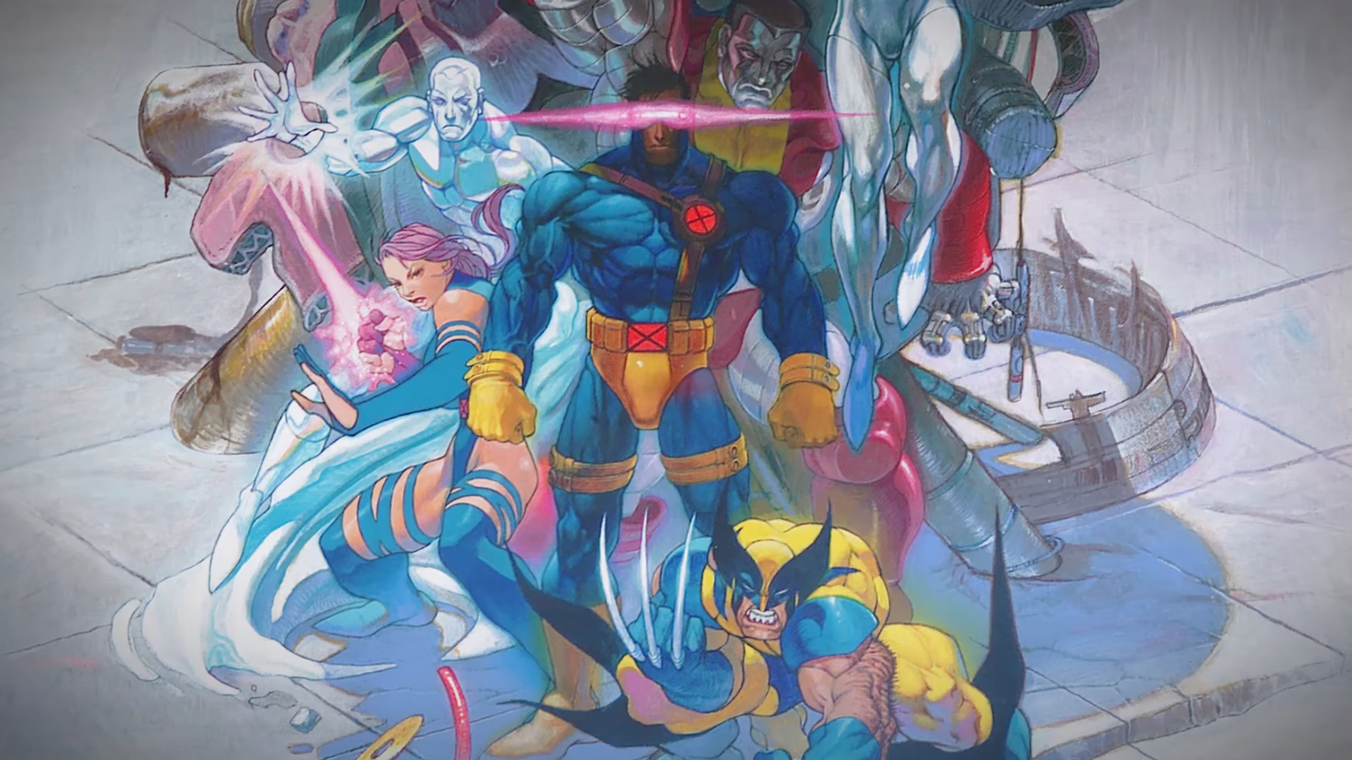 Artwork of Marvel vs Capcom game showing collage of posing characters with Cyclops in the centre