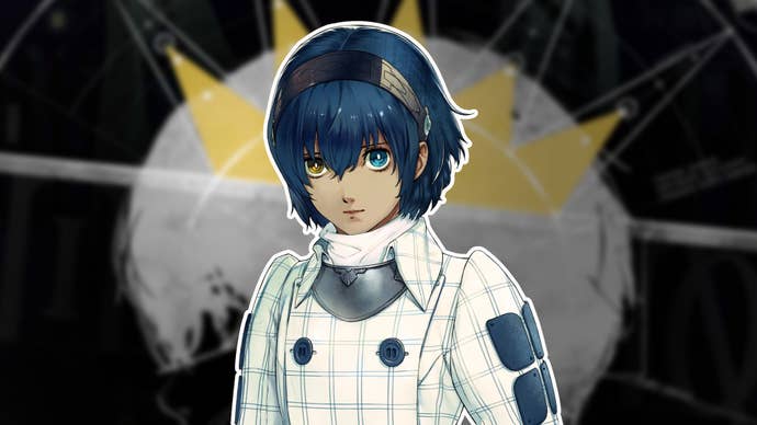 The main character of Metaphor ReFantazio with a small solid white outline, over the top of a blurred image of a character wearing a crown.