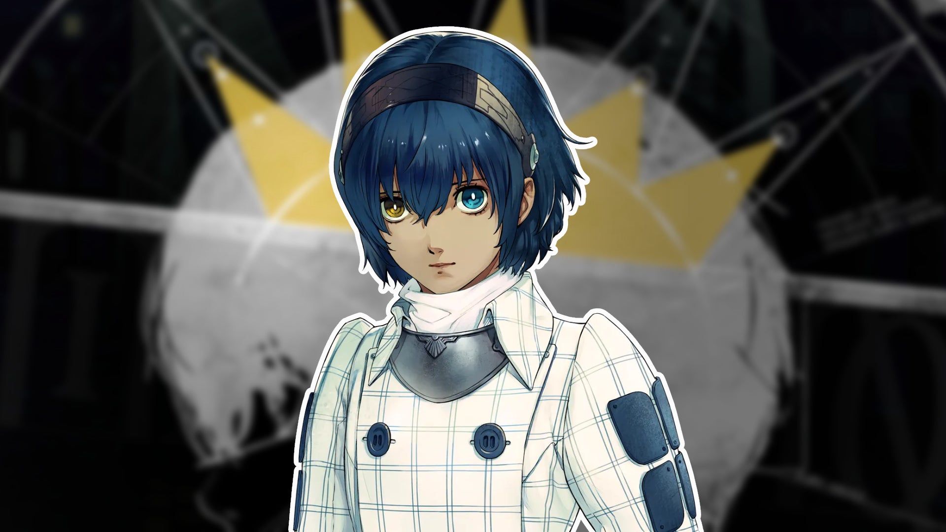 The main character of Metaphor ReFantazio with a small solid white outline, over the top of a blurred image of a character wearing a crown. - 1