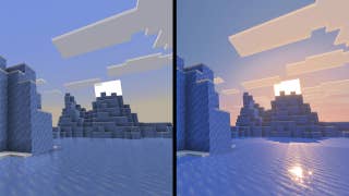 A side-by-side comparison of the same scene of the sun setting over a hill. The sun's rays can be seen dancing on the water in the updated image.