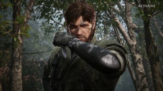 Close up of Snake, sneaky soldier in camouflage holding up a knife in a jungle, from Metal Gear Solid Delta