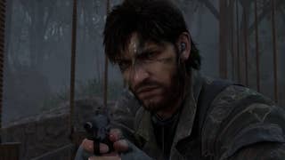 Close up of Snake the sneaky soldier in camouflage holding up a pistol from Metal Gear Solid Delta: Snake Eater