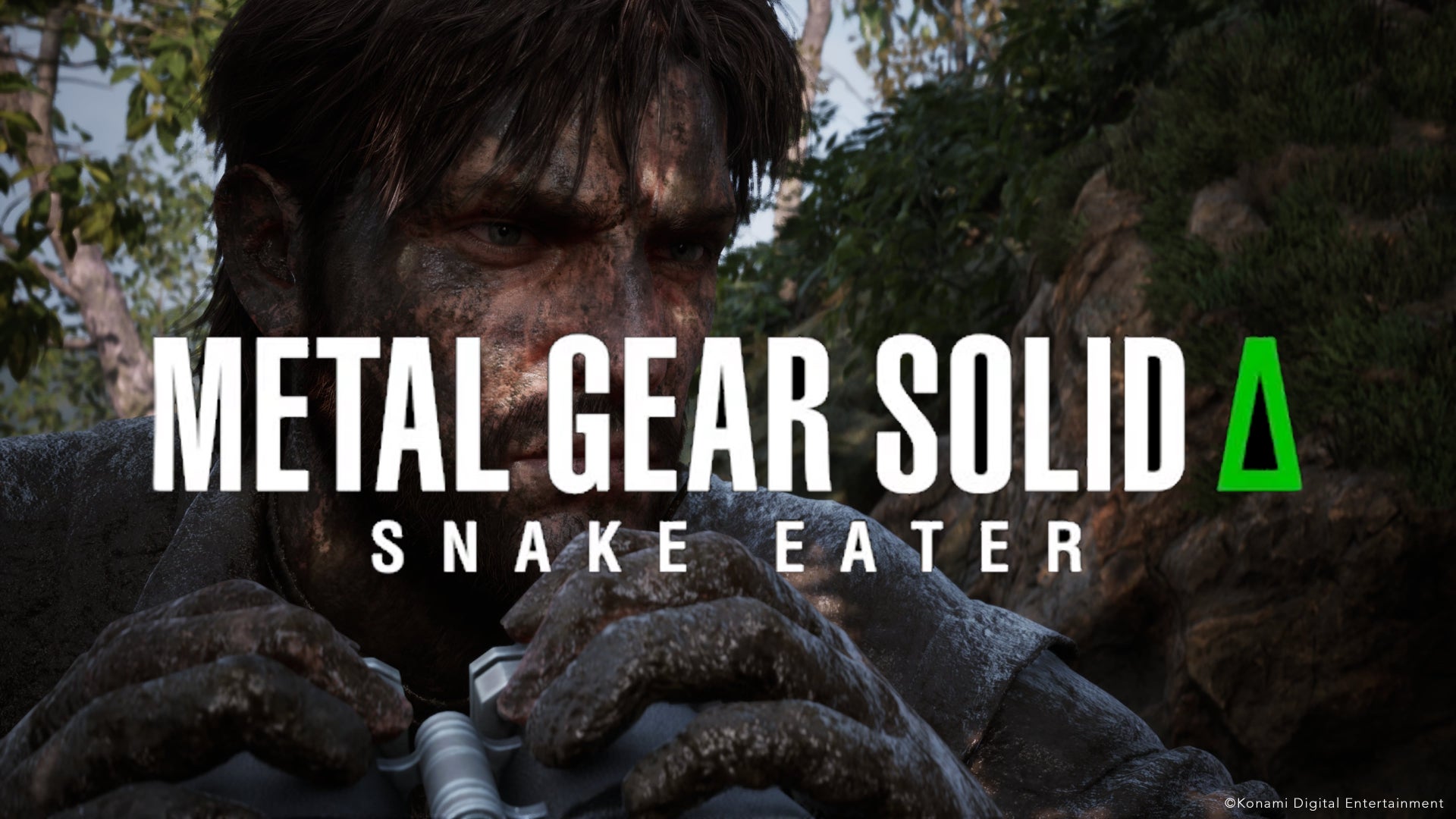 Naked Snake can be seen wearing camo and using binoculars in a Metal Gear Solid Delta: Snake Eater cutscene, with the game's logo overlayed across his face - 1