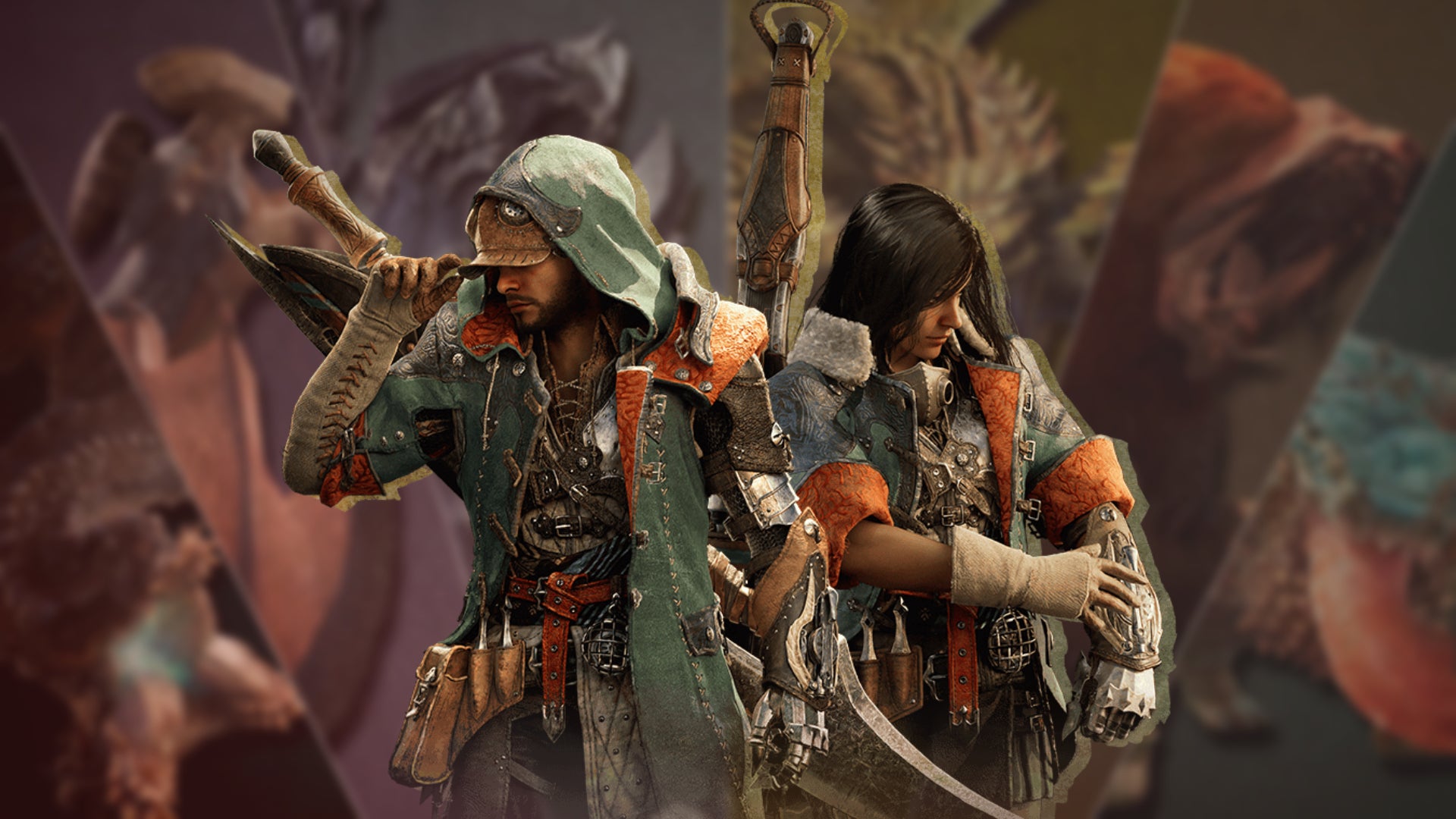 Two hunters from Monster Hunter Wilds stand in front of a starbust effect spread of monsters from the game - 1