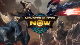Monster Hunter Now logo with renders of Nargacuga, Tigrex, Fatalis, and more.