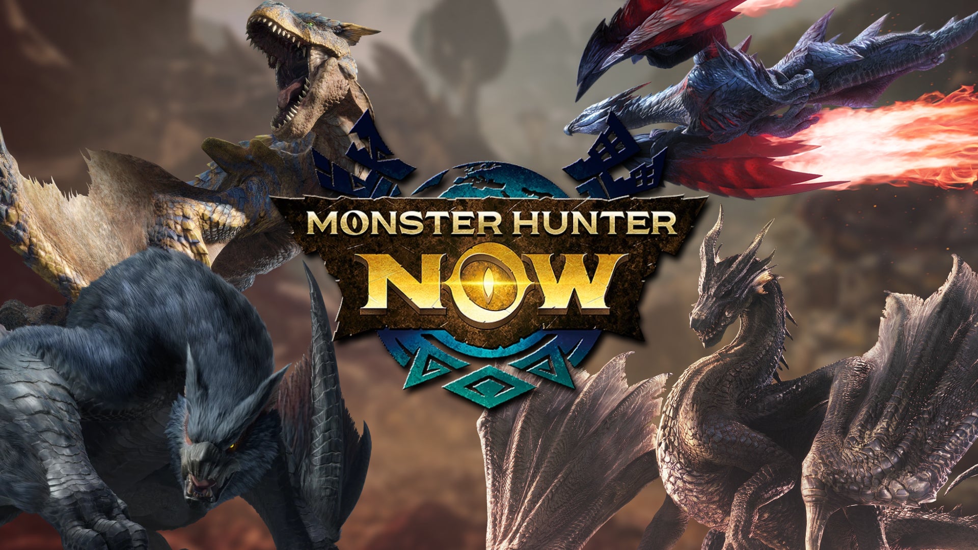 Monster Hunter Now logo with renders of Nargacuga, Tigrex, Fatalis, and more. - 1