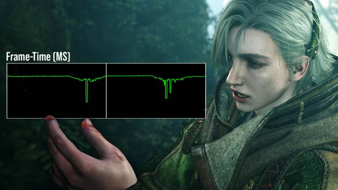 Monster Hunter Wilds key art overlaid with a frame-time graph showing stuttering