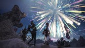 A party of characters watches fireworks in Monster Hunter World.