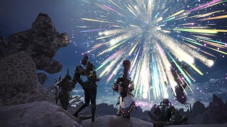 A party of characters watches fireworks in Monster Hunter World.