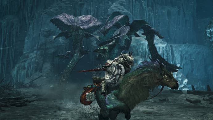 The Hunter fights the Hirabami in Iceshard Cliffs in Monster Hunter Wilds