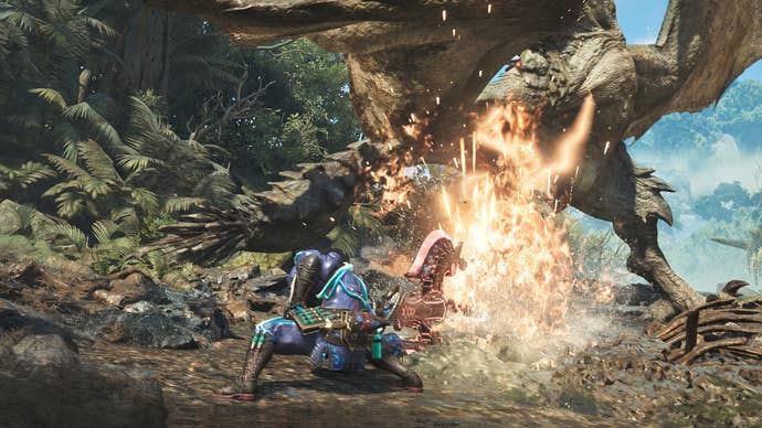 A hunter fighting a Yian-Kut-Ku with a Charge Blade in Monster Hunter Wilds.