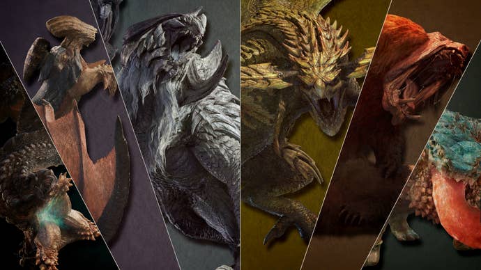 Six different Large Monsters from Monster Hunter Wilds are shown. From left to right: Balahara, Gypceros, Arkveld, Rey Dau, Doshaguma, and Chatacabra