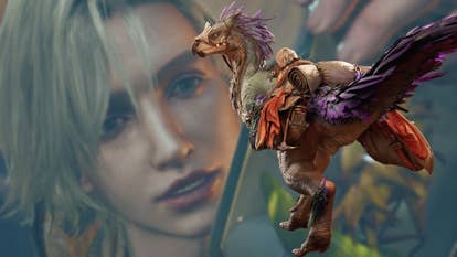 A boyish face examines a glass in the background as a bird with a saddle looks over its shoulder to the camera.