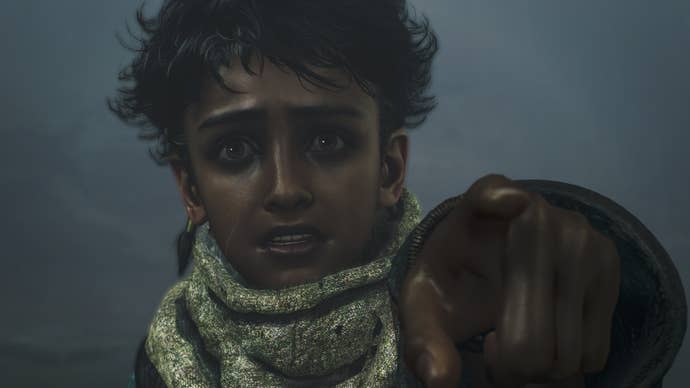 Young boy points at the camera in close up from Monster Hunter Wilds trailer