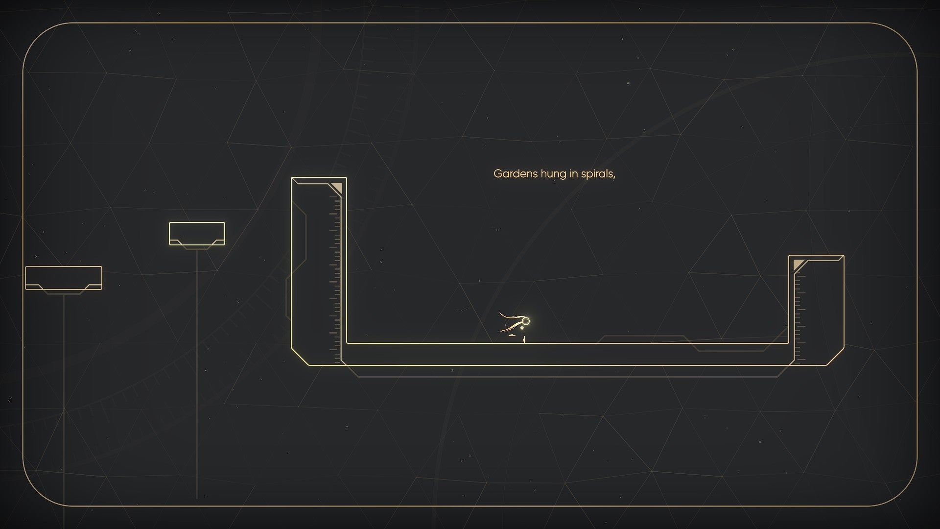 MIO: Memories in Orbit screenshot showing you in 2D form running along a thin outline of a platform coloured in gold