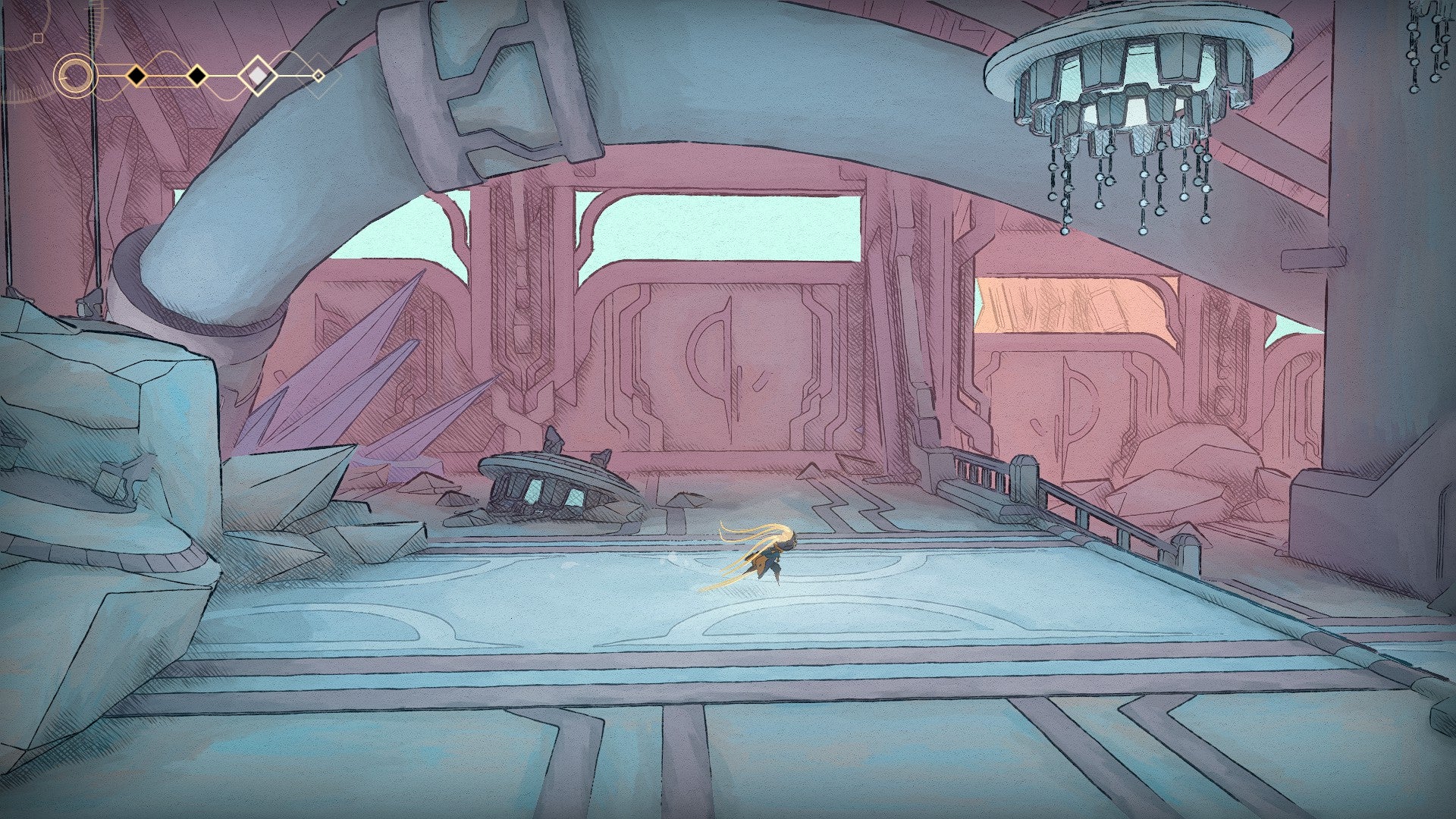 MIO: Memories in Orbit screenshot showing running across a pink-and-blue hued room