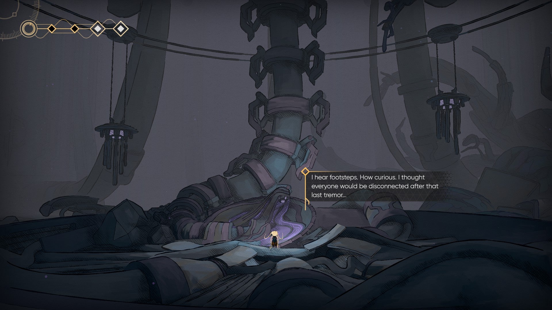 MIO: Memories in Orbit screenshot showing you amongst wreckage, including a giant mechanicl spinal cord, saying "I hear footsteps, how curious, I thought everyone would be disconnected after that last tremor...
