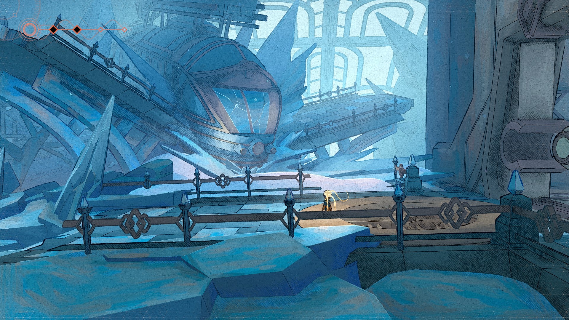 MIO: Memories in Orbit screenshot showing you looking out towards a crashed ship in an icy-blue environment of old buildings and metal