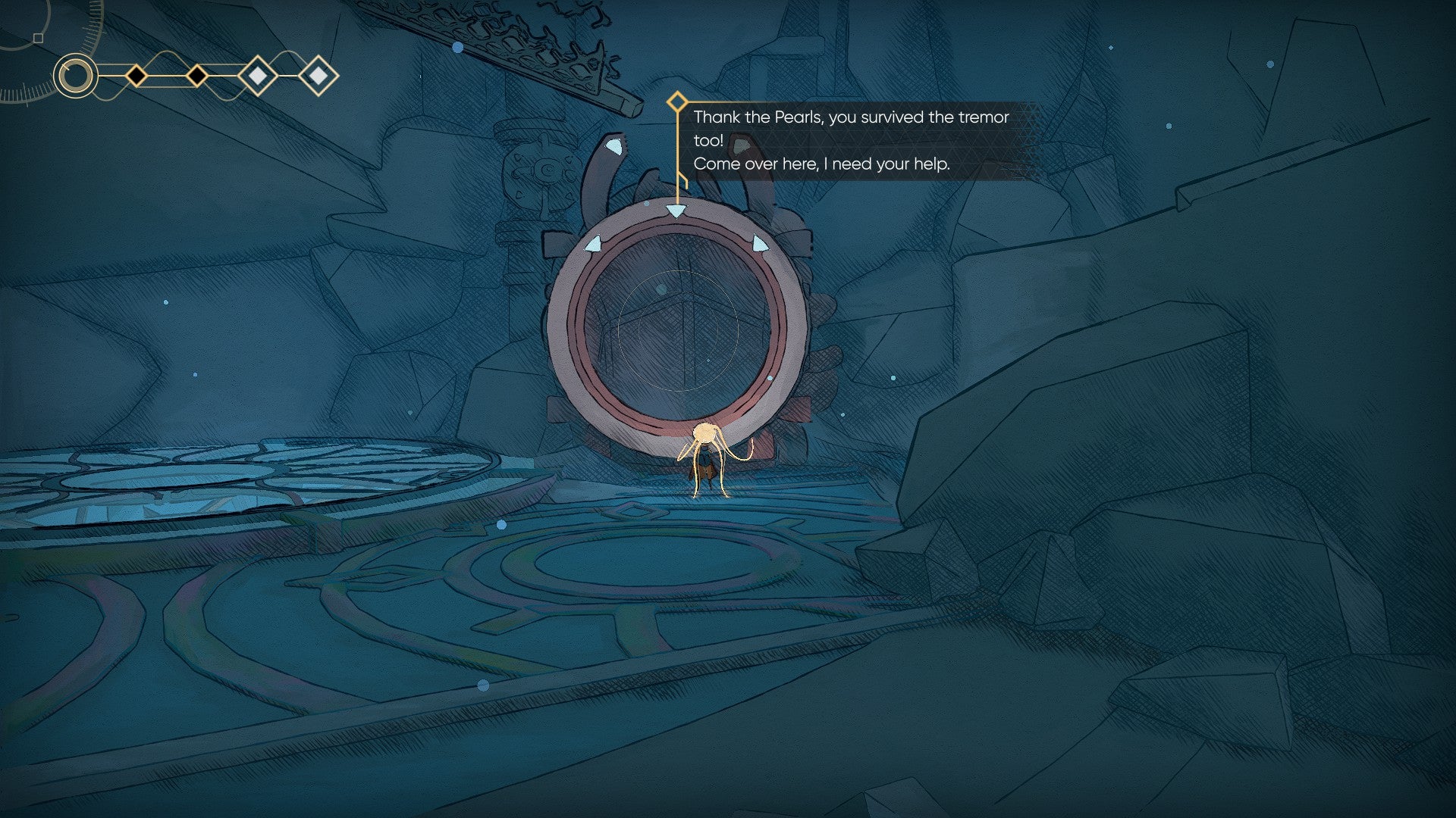 MIO: Memories in Orbit screenshot showing you interacting with a feintly lit circle amongst old ruins, the circle saying "Thank the Pearls, you survived the tremor too! Come over here, I need your help."