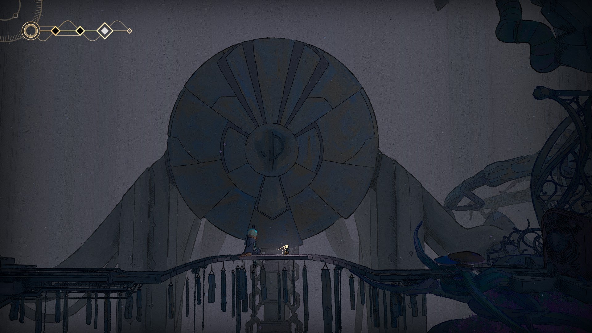 MIO: Memories in Orbit screenshot showing you in front of a giant ruined mechanical circle of some kind, standing on a thing bridge in the dark