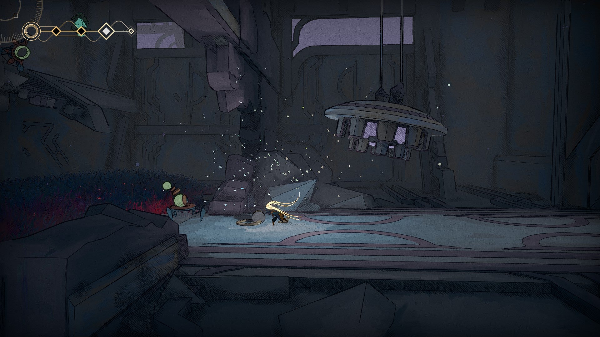 MIO: Memories in Orbit screenshot showing you operating a small device in a dark ruined corridor