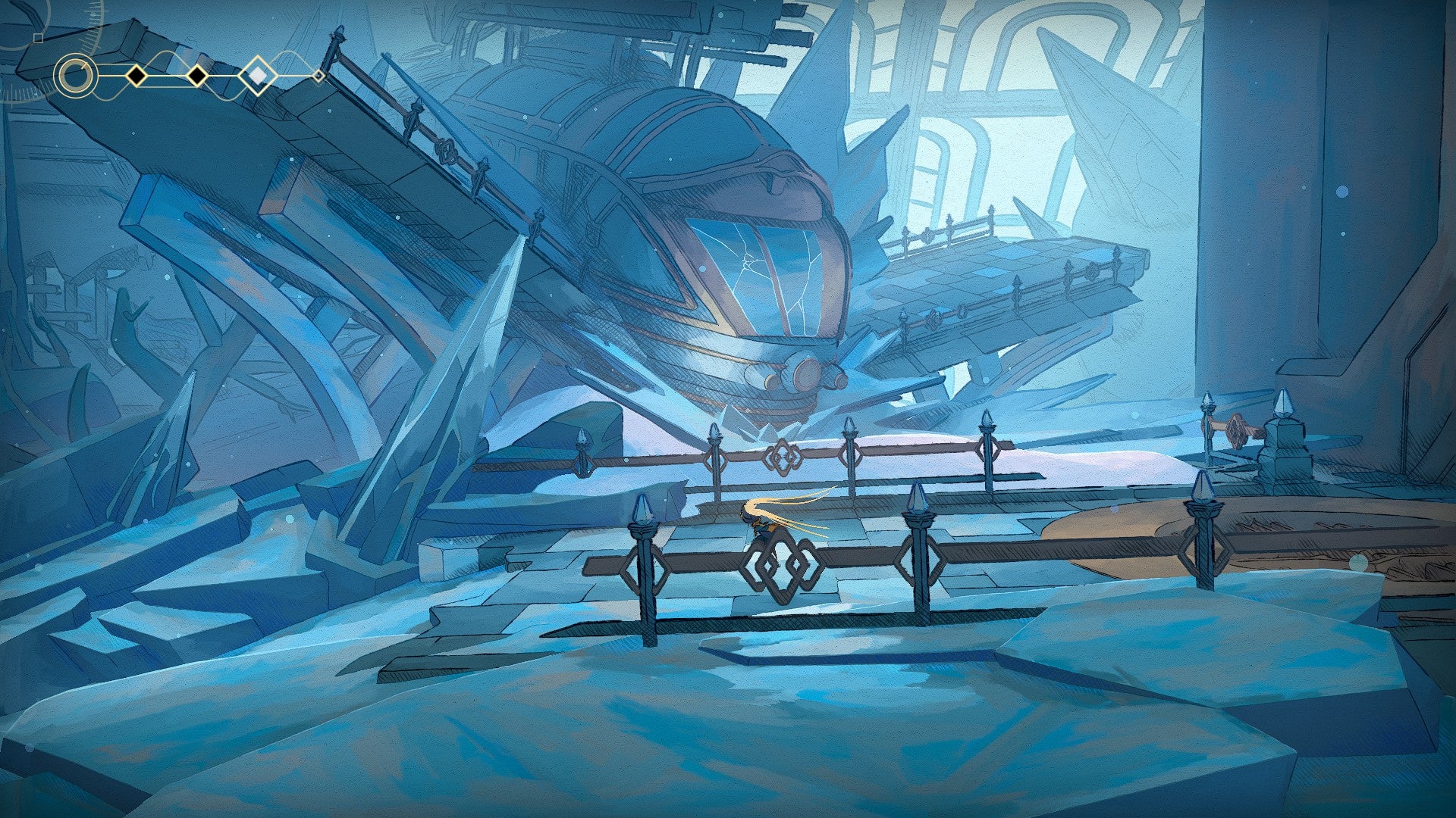 MIO: Memories in Orbit screenshot showing you looking out towards a crashed ship in an icy-blue environment of old buildings and metal