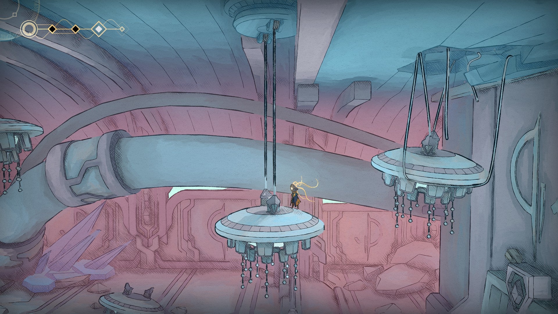 MIO: Memories in Orbit screenshot showing you standing on a circular platform, like a chandelier, above a pink-and-blue hued room