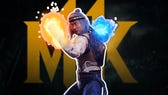 Liu Kang poses in his Fire God form in front of the MK11 logo.