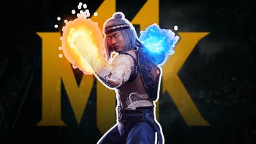 Liu Kang poses up in his Fire Dogg form up in front of tha MK11 logo.