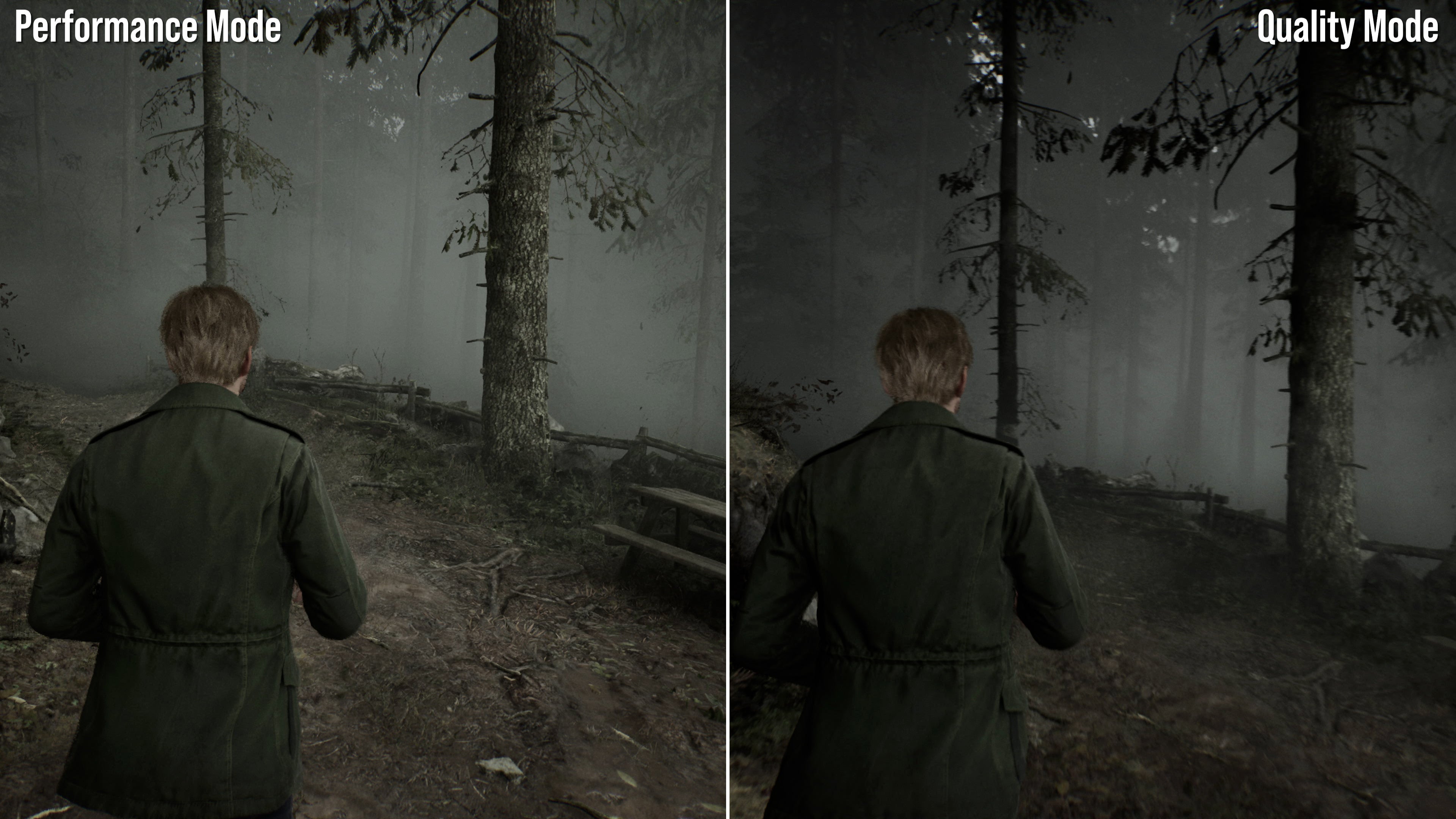 Comparison shots of Silent Hill 2's quality and performance modes.