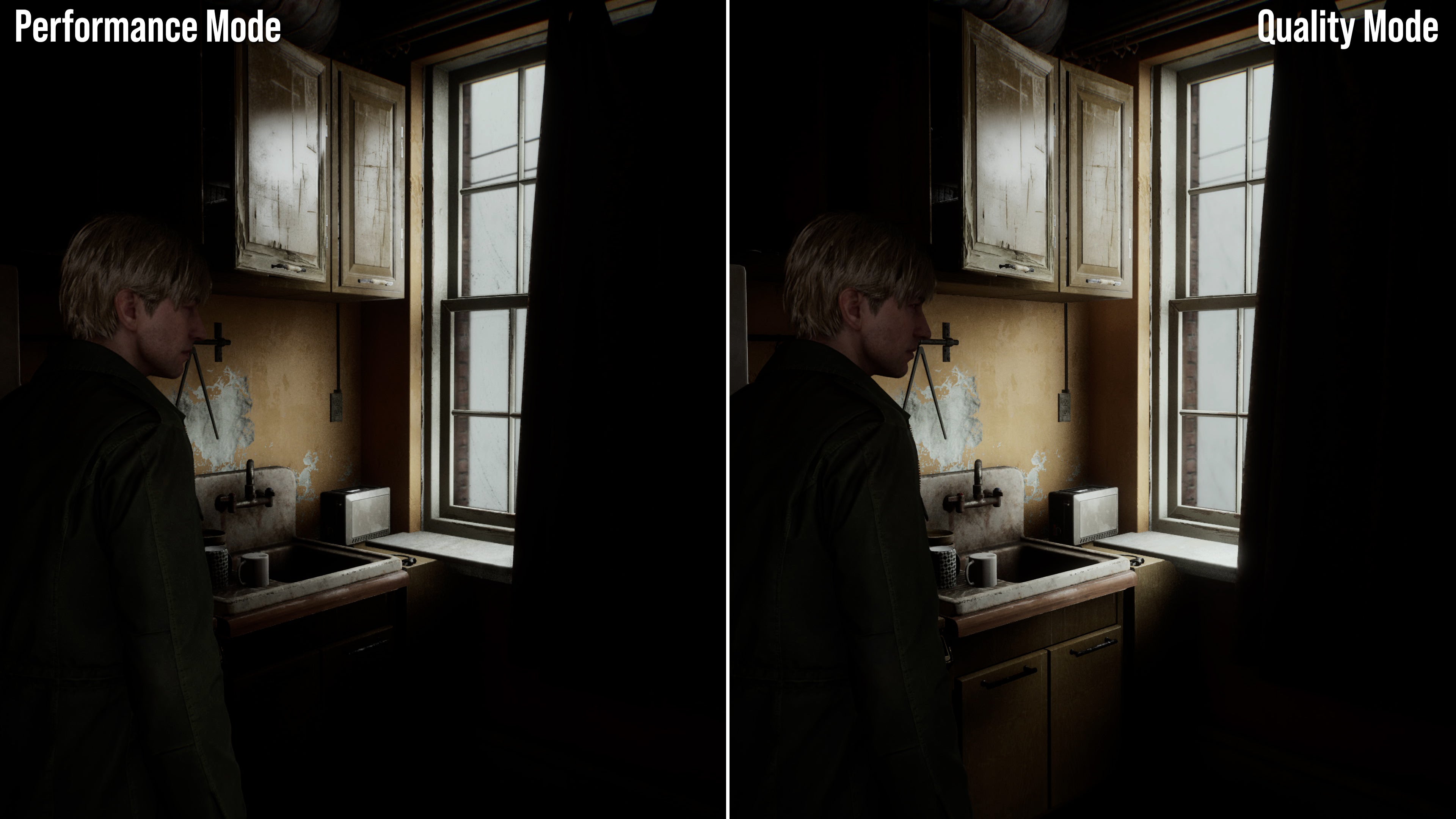 Comparison shots of Silent Hill 2's quality and performance modes.