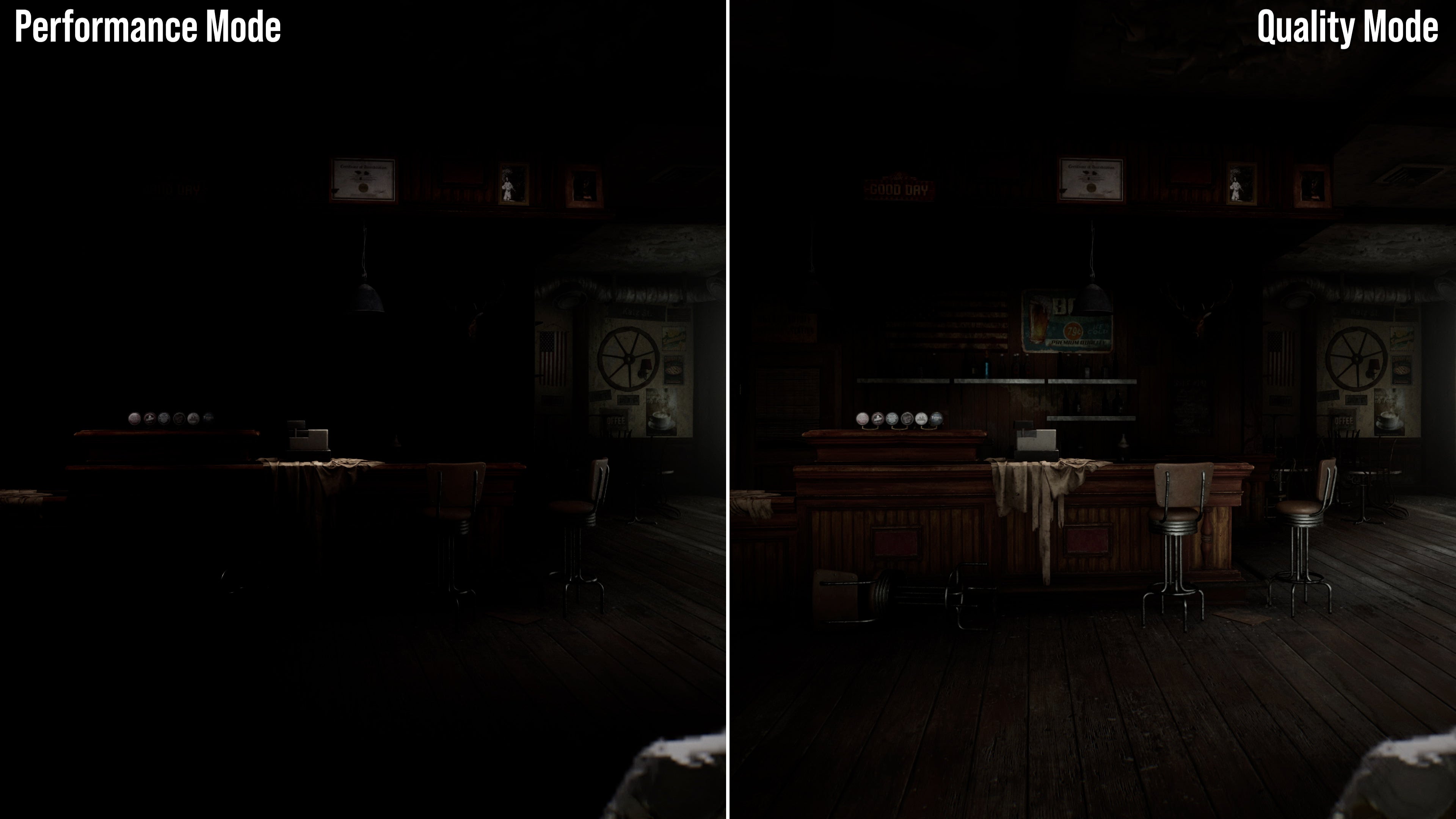 Comparison shots of Silent Hill 2's quality and performance modes.