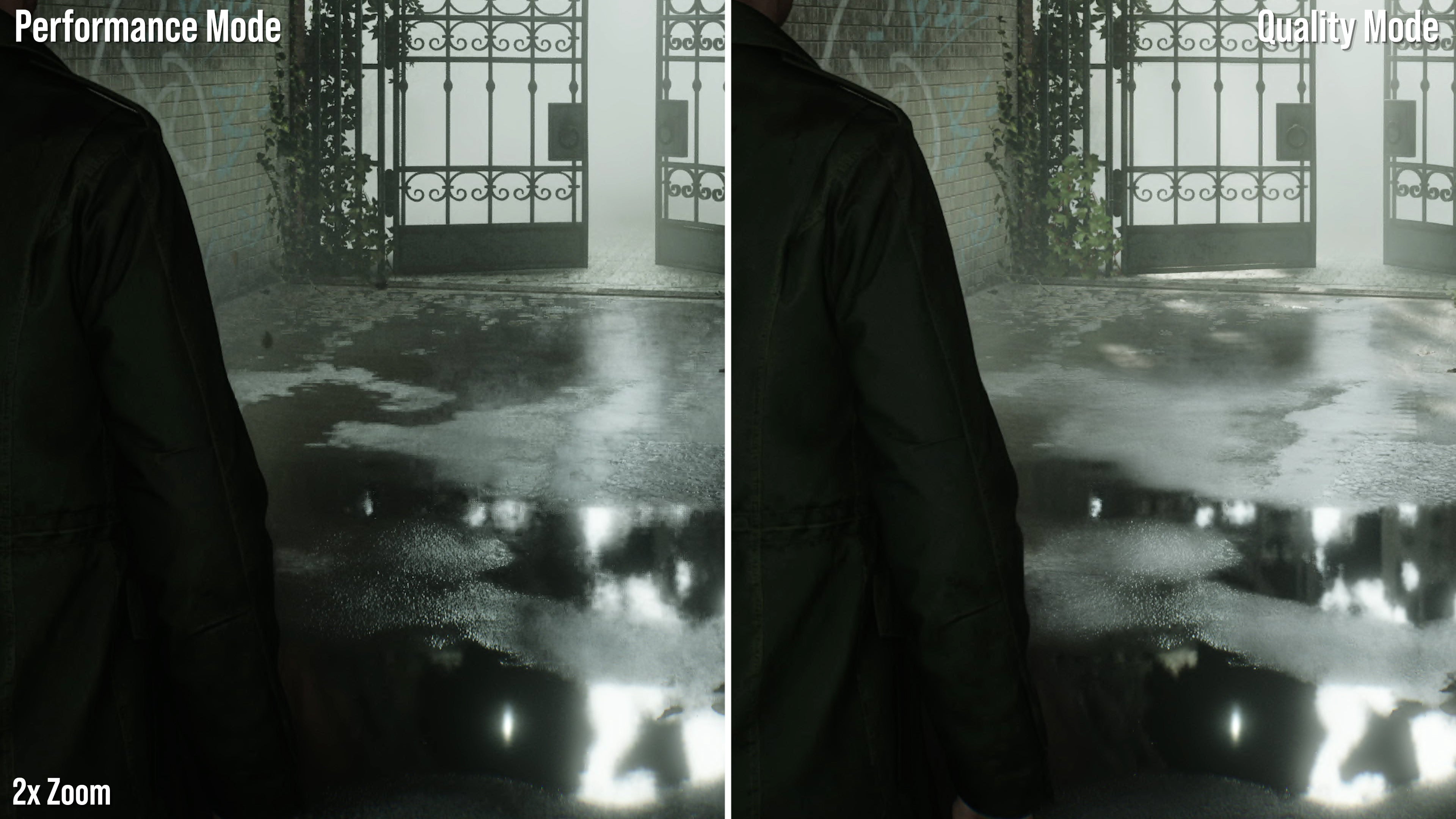 Comparison shots of Silent Hill 2's quality and performance modes.