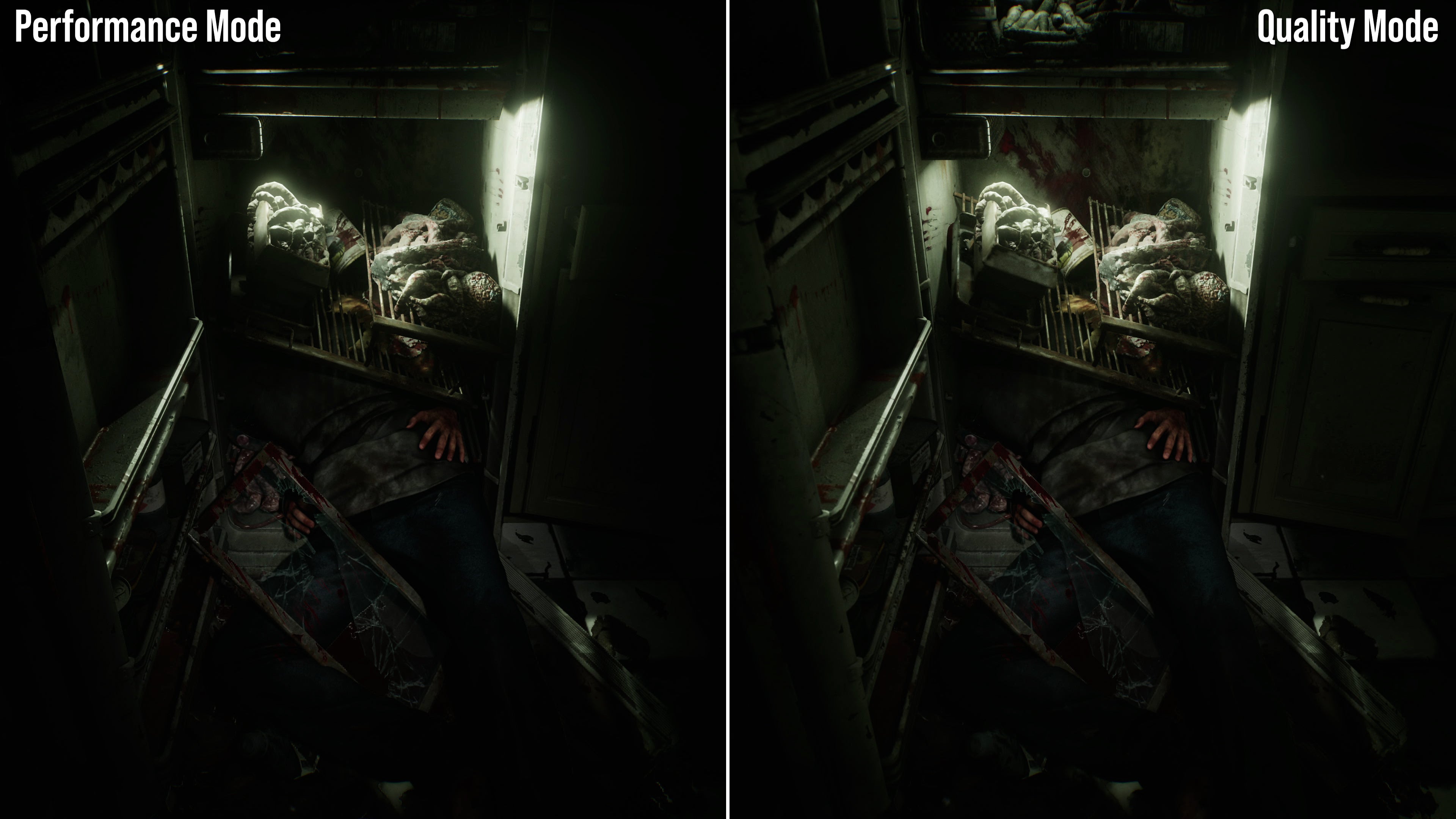 Comparison shots of Silent Hill 2's quality and performance modes.