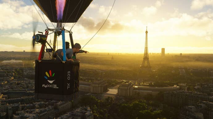 A Microsoft Flight Simulator 2024 trailer image showing a hot air balloon floating over Paris at sunset, with the Eiffel Tower visible in the distance.