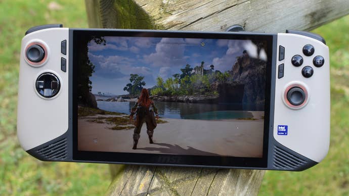 An MSI Claw 8 AI+ moving Horizon Forbidden West.