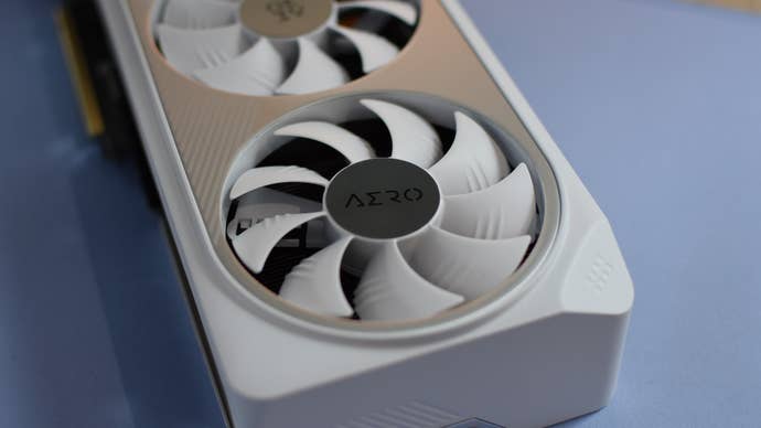 A closeup of one of the cooling fans on the Gigabyte GeForce RTX 4070 Ti Super Aero OC graphics card.
