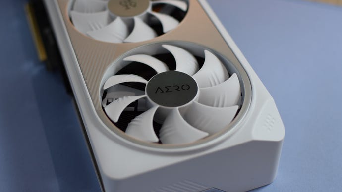 A closeup of one of the cooling fans on the Gigabyte GeForce RTX 4070 Ti Super Aero OC graphics card.