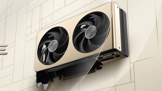 A render of the Asus Dual GeForce RTX 5060 Ti 16GB OC against a golden background.