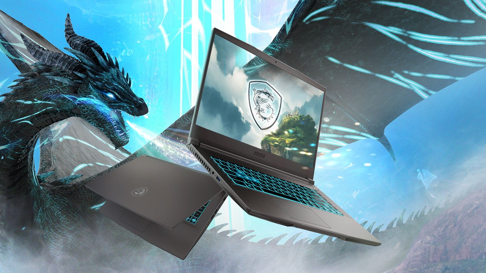 Promo art for the MSI Thin 15 laptop showing it being breathed on by a dragon. - 6