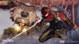 Insomniac Games Press Asset for Miles Morales being chased by a Hunter Helicopter underneath a bridge.