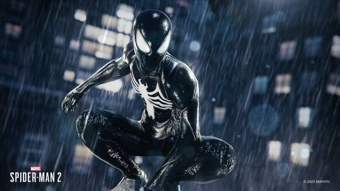 Official Marvel’s Spider-Man 2 image showing Spider-Man in his black Symbiote suit on a rainy night