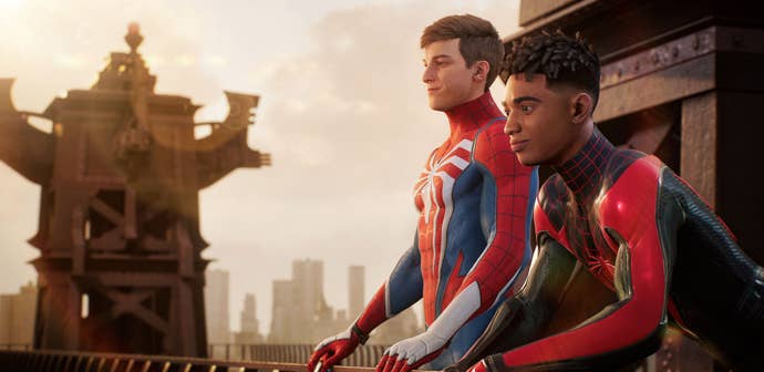 Miles Morales and Peter Parker in Spider-Man 2.