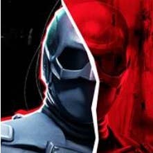 black noir operator view from the chest up, with half coloured red