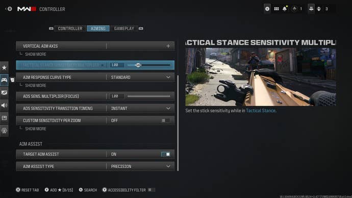 The controller aiming settings screen in MW3 is shown, highlighting where players can adjust their Tactical Stance settings