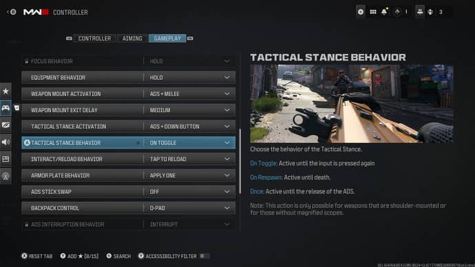 The controller gameplay settings screen in MW3 is shown, highlighting where players can adjust their Tactical Stance settings