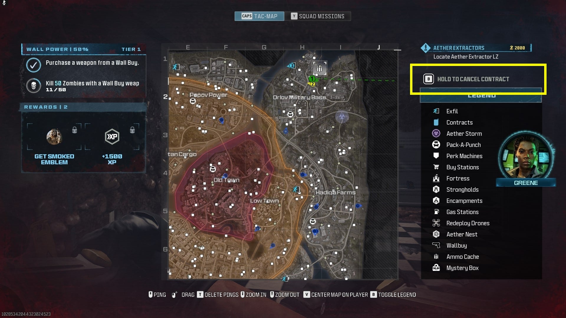 The Tac-Map in MW3 Zombies is shown, with the &lsquo;Cancel Contract&rsquo; option highlighted
