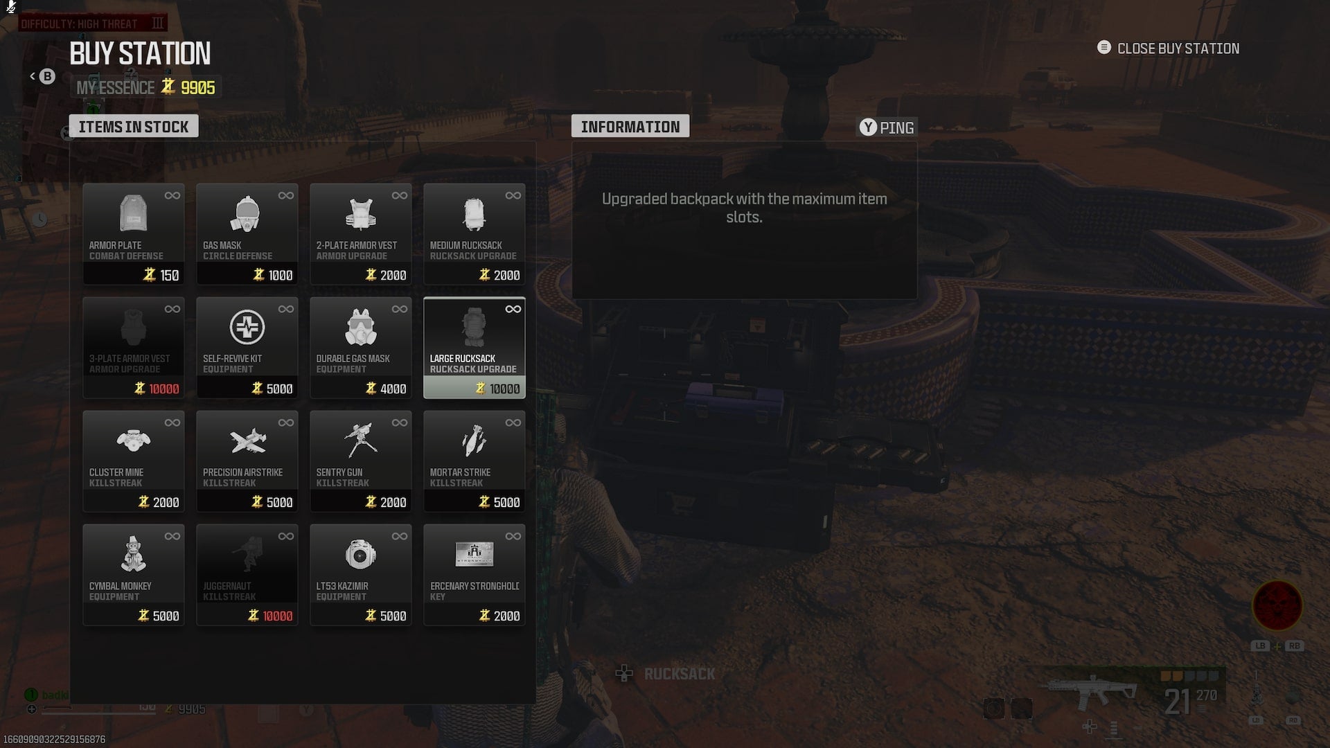 The player looks at purchasing a Large Rucksack from a high-threat Buy Station in MW3 Zombies - 5