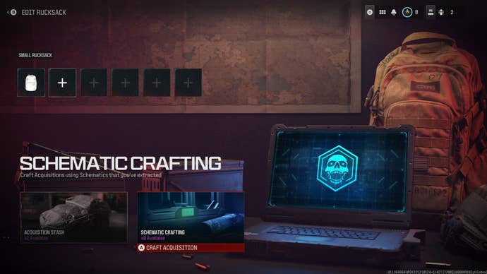 The schematics crafting menu, which can be accessed from a players rucksack, is shown in MW3 Zombies