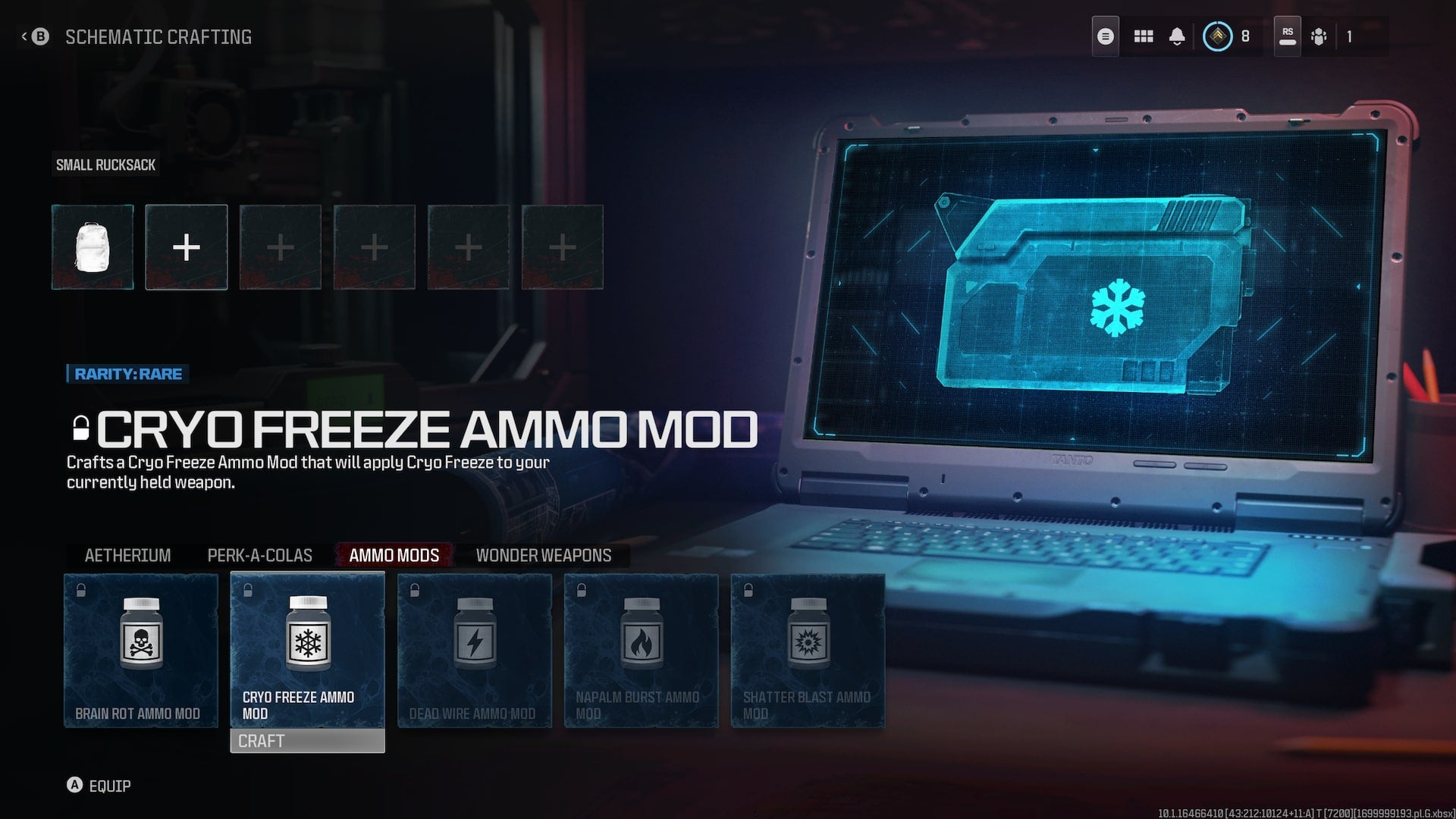 The schematic crafting menu in MW3 Zombies shown, where players can craft Cryo Freeze Ammo - 5